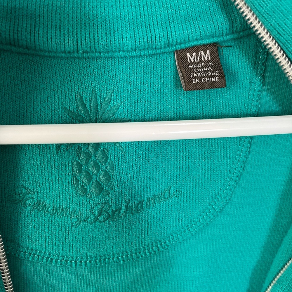 Tommy Bahama Like New 3/4 Zip Up Pull Over Sweater Cotton Teal - Picture 2 of 3